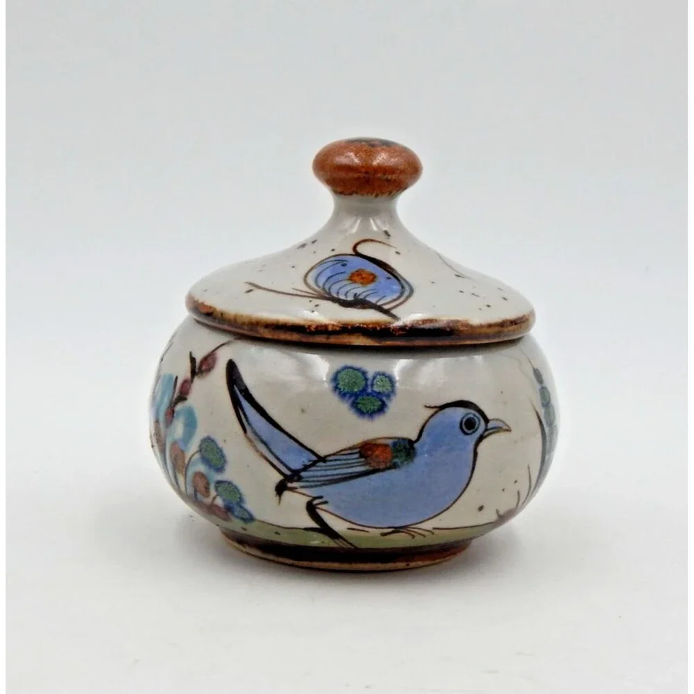 Tonala Ken Edwards Pottery Lidded Sugar Bowl Covered Bird Butterfly Gray Blue